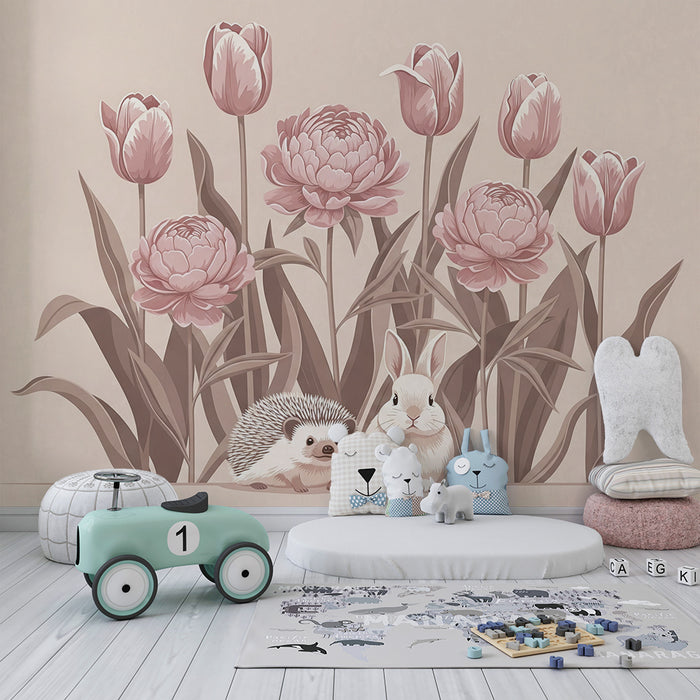 Papier de parede izba pre bábätko | Ježko a králik uprostred kvetov
