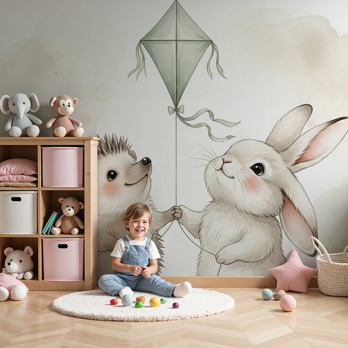 Papier peint chambre bébé | Hérisson et lapin avec cerf-volant