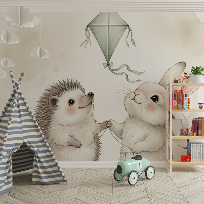 Papier peint chambre bébé | Hérisson et lapin avec cerf-volant