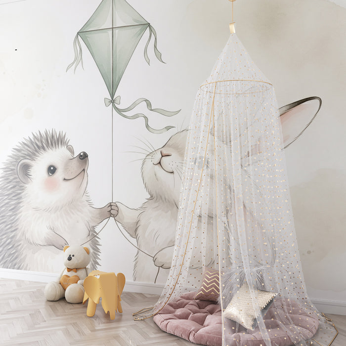 Papier peint chambre bébé | Hérisson et lapin avec cerf-volant