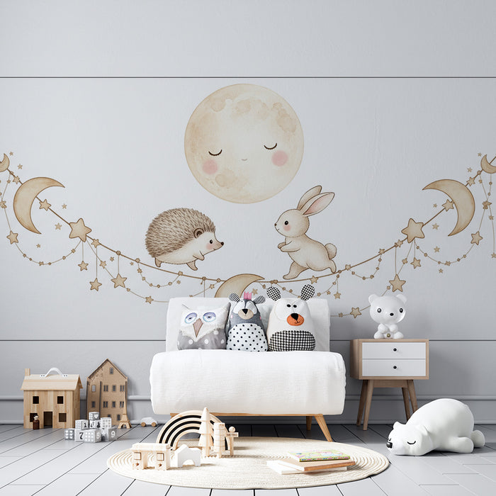 Papel de parede quarto bebê | Ouriço e coelho sob a lua com balões coloridos