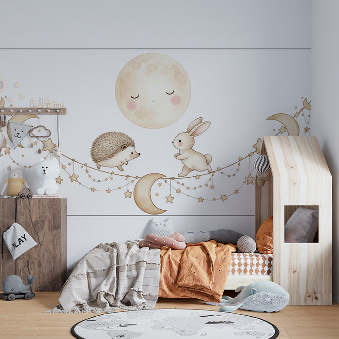 Papel de parede quarto bebê | Ouriço e coelho sob a lua com balões coloridos