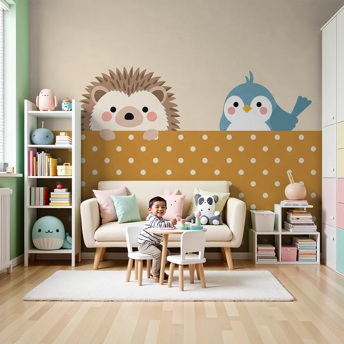 Papier peint chambre bébé | Hérisson et oiseau mignon sur fond à pois