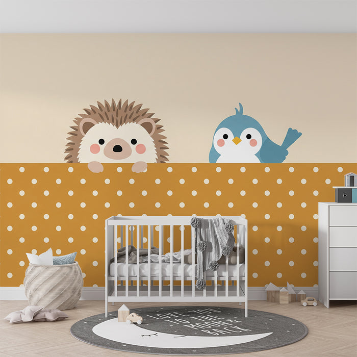 Papier peint chambre bébé | Hérisson et oiseau mignon sur fond à pois