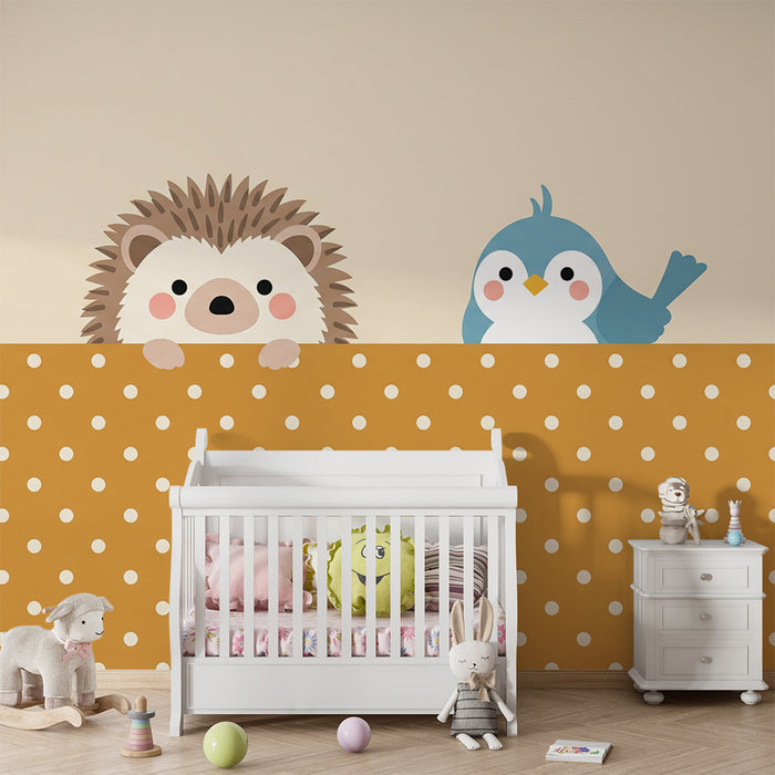 Papier peint chambre bébé | Hérisson et oiseau mignon sur fond à pois