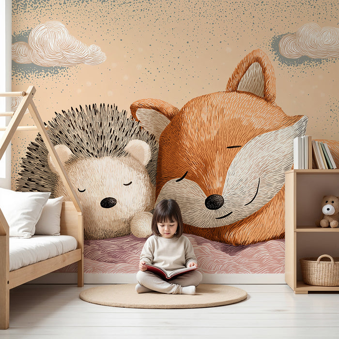 Nursery room wallpaper | Sleeping hedgehog and fox on a cloud of sweetness