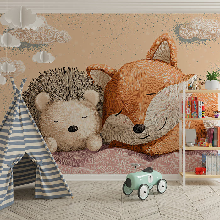 Nursery room wallpaper | Sleeping hedgehog and fox on a cloud of sweetness