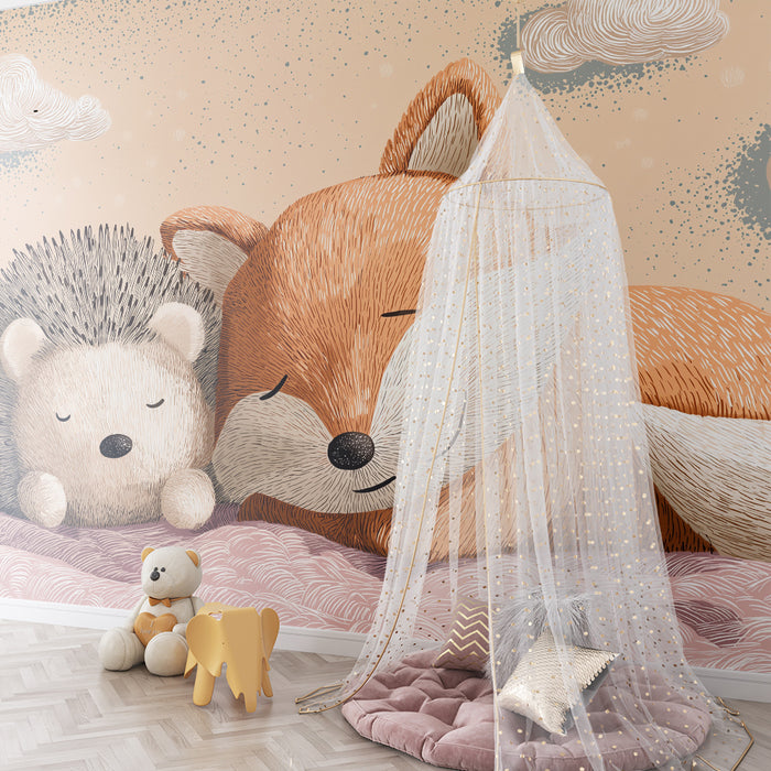Nursery room wallpaper | Sleeping hedgehog and fox on a cloud of sweetness