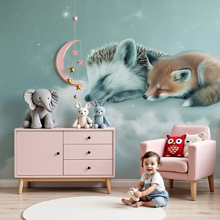 Babykamer behang | Slapende egel en vos op een sterrenwolk