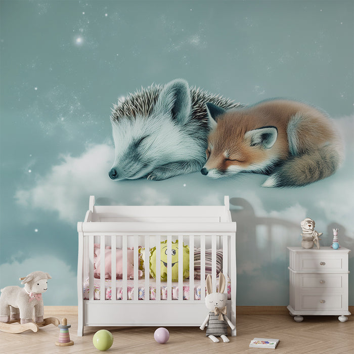Babykamer behang | Slapende egel en vos op een sterrenwolk