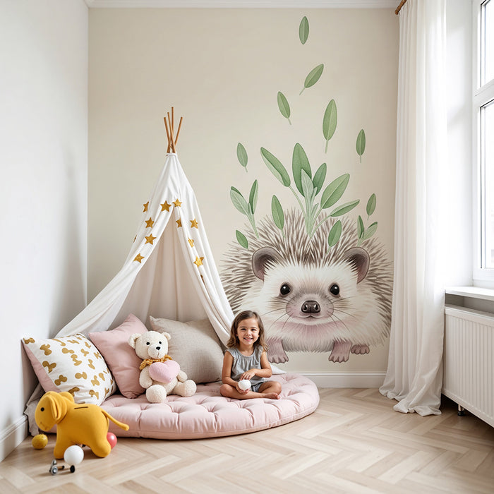 Papel de parede quarto bebê | Ouriço e vegetação suave