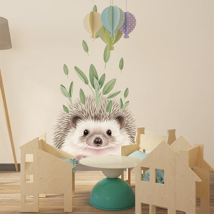 Papel de parede quarto bebê | Ouriço e vegetação suave