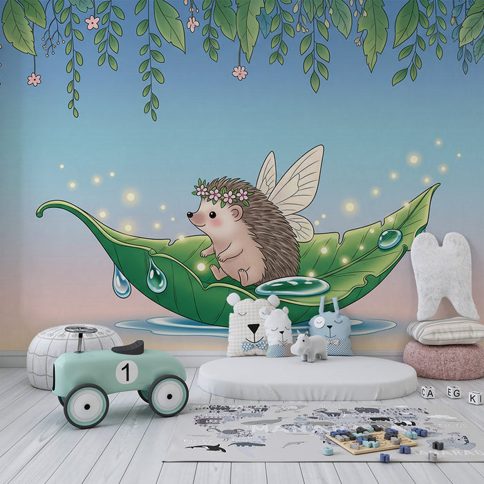 Nursery room wallpaper | Enchanted hedgehog on a magical leaf