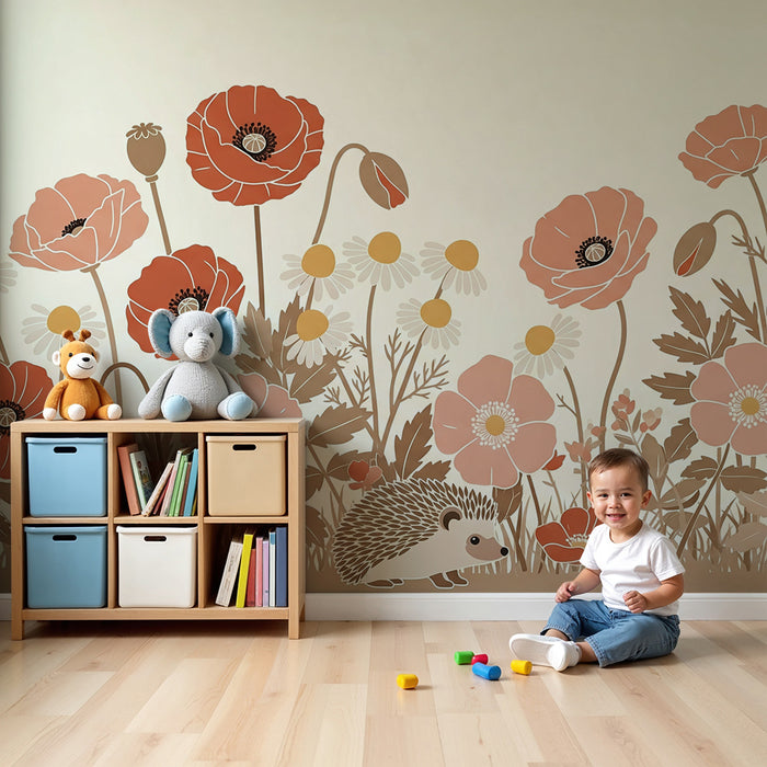 Papier peint chambre bébé | Hérisson joueur parmi les fleurs colorées