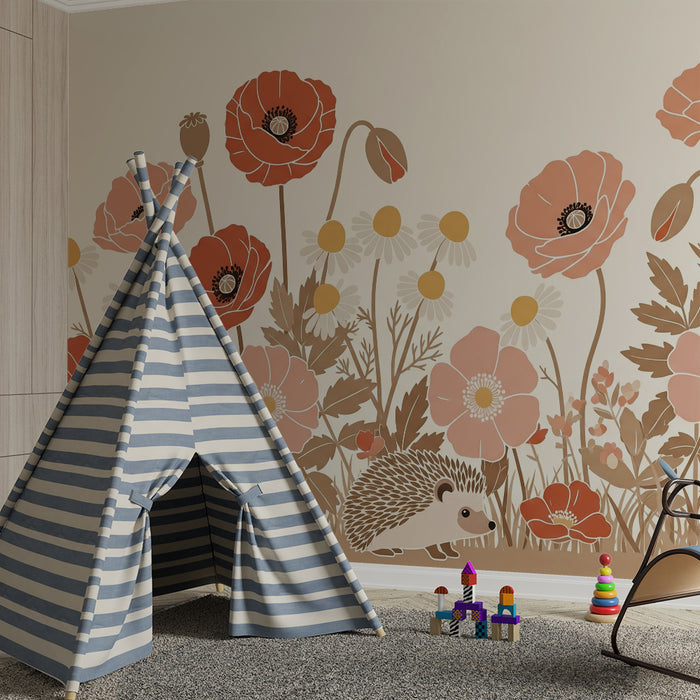 Papier peint chambre bébé | Hérisson joueur parmi les fleurs colorées