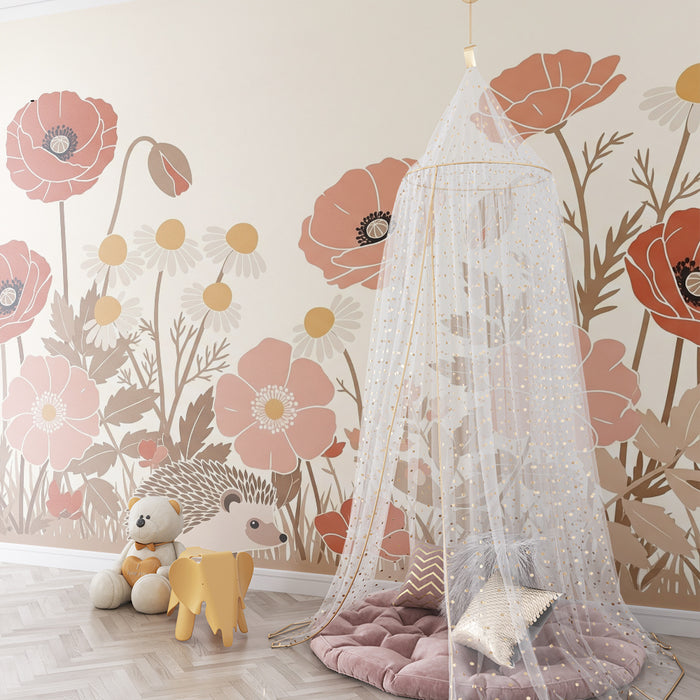Papier peint chambre bébé | Hérisson joueur parmi les fleurs colorées
