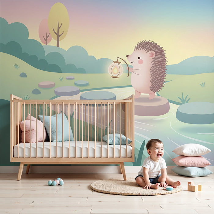 Lastenhuoneen tapetti | Valaiseva siili kivisellä polulla joen rannalla