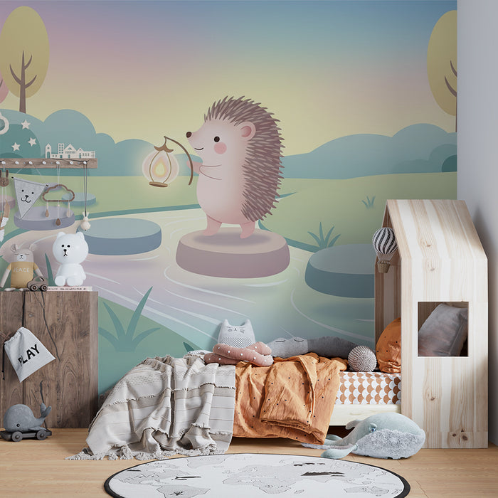 Lastenhuoneen tapetti | Valaiseva siili kivisellä polulla joen rannalla