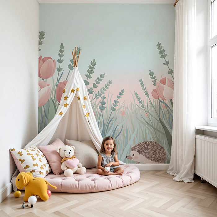 Barntapet | Söt igelkott mitt i pastellfärgade tulpaner