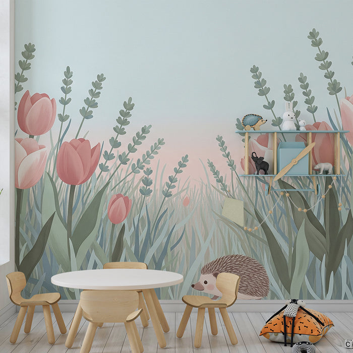 Barntapet | Söt igelkott mitt i pastellfärgade tulpaner