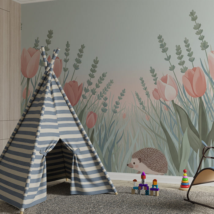 Barntapet | Söt igelkott mitt i pastellfärgade tulpaner