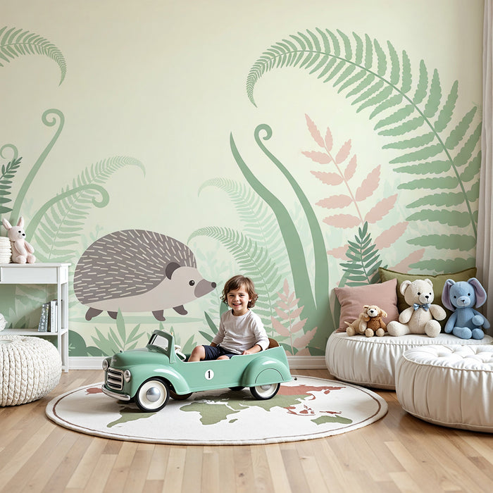 Papel pintado infantil | Erizo lindo en medio de helechos delicados