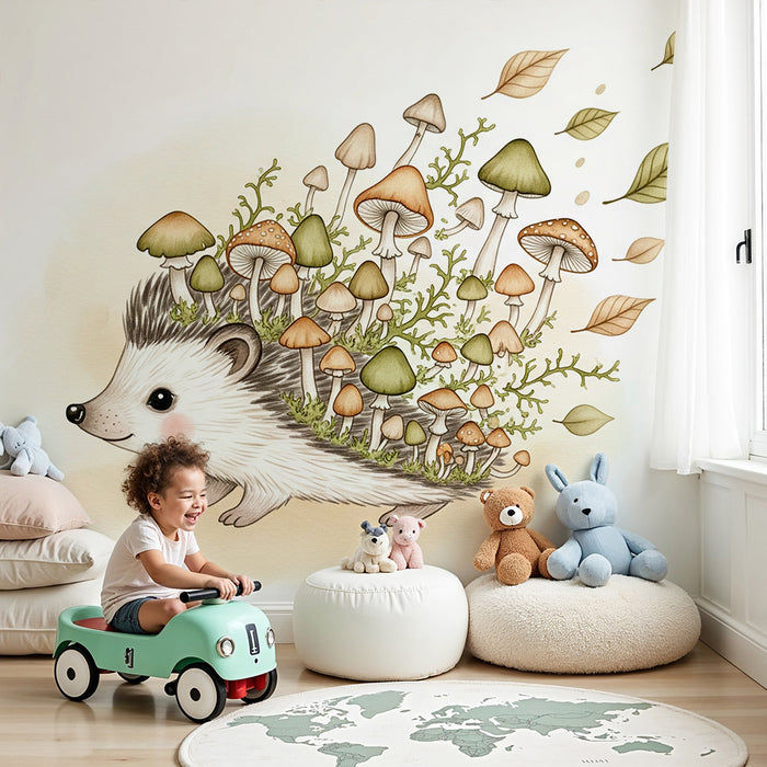 Papier peint chambre bébé | Hérisson mignon avec champignons et feuillage