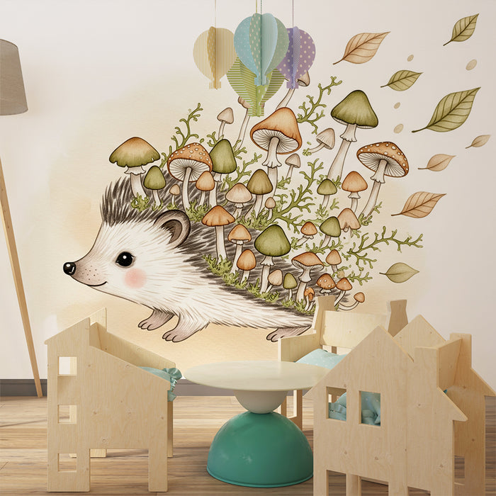 Papier peint chambre bébé | Hérisson mignon avec champignons et feuillage