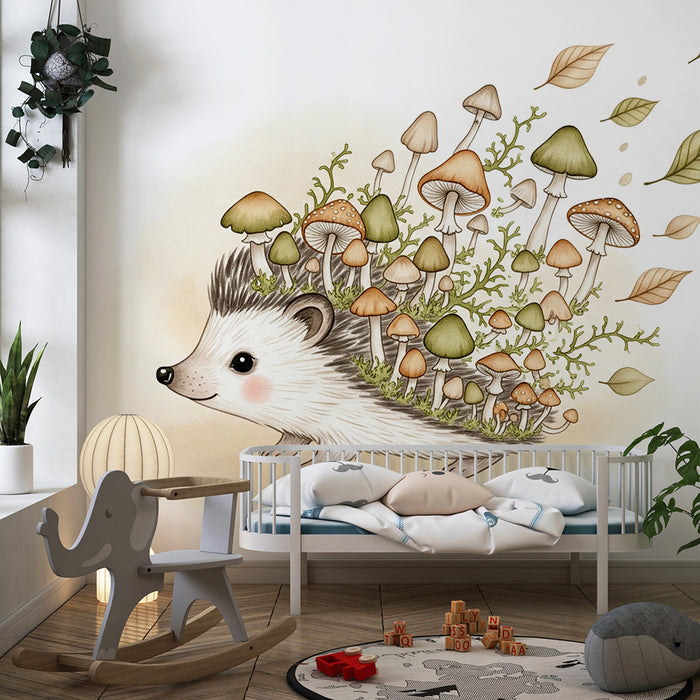 Papier peint chambre bébé | Hérisson mignon avec champignons et feuillage