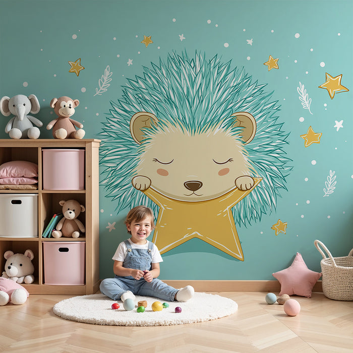Papel de parede para quarto de bebé | Ouriço fofo com estrela dourada sobre fundo turquesa