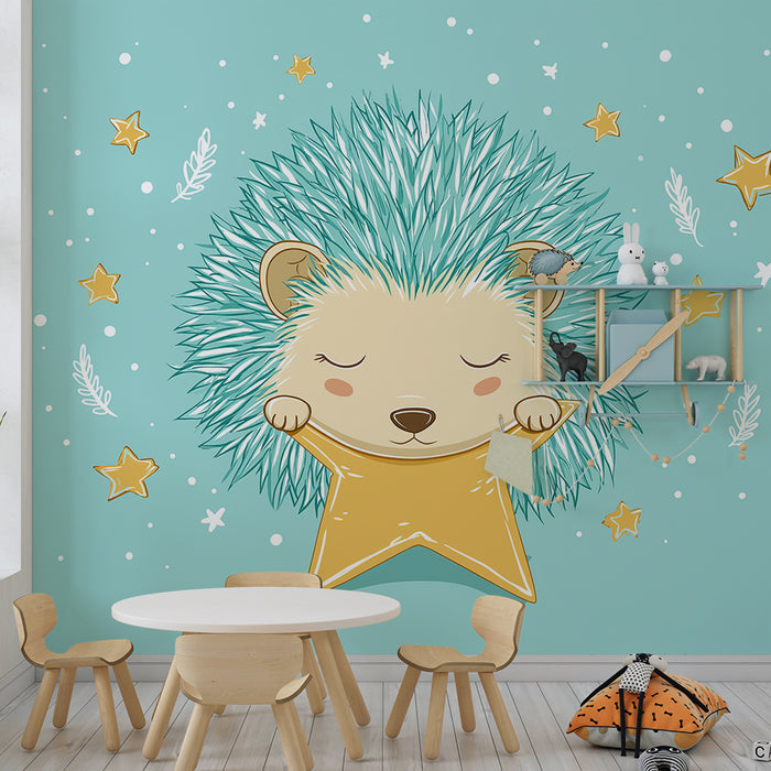 Papel de parede para quarto de bebé | Ouriço fofo com estrela dourada sobre fundo turquesa