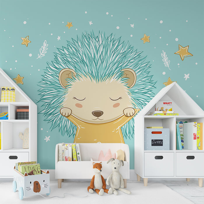 Papel de parede para quarto de bebé | Ouriço fofo com estrela dourada sobre fundo turquesa