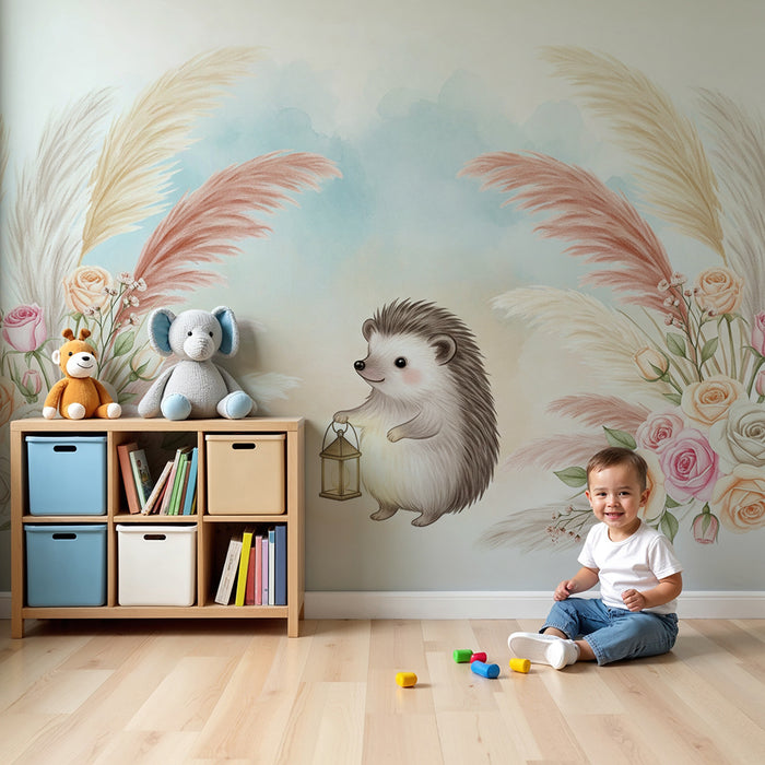 Nursery room wallpaper | Cute hedgehog with lanterns and delicate flowers