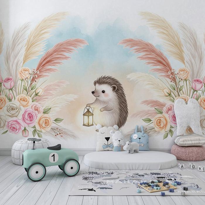 Nursery room wallpaper | Cute hedgehog with lanterns and delicate flowers