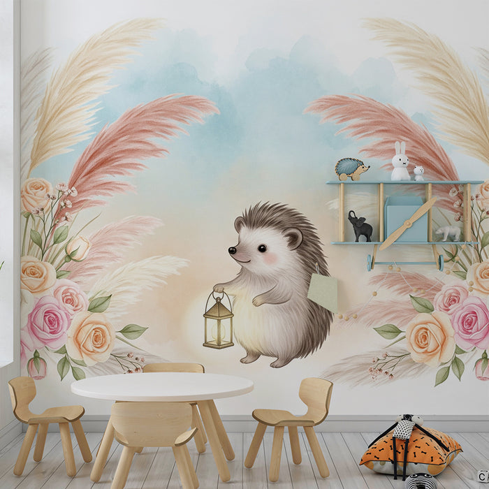 Nursery room wallpaper | Cute hedgehog with lanterns and delicate flowers