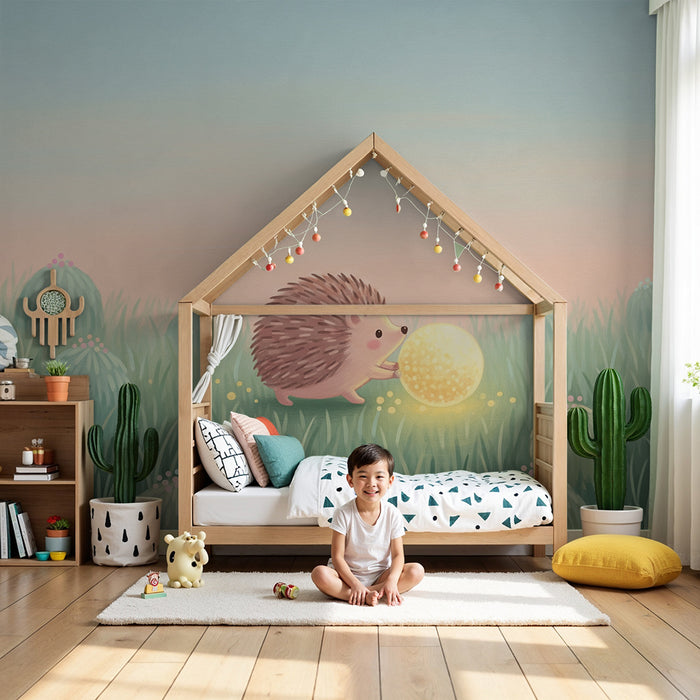 Nursery room wallpaper | Cute hedgehog with a glowing ball in a field of flowers
