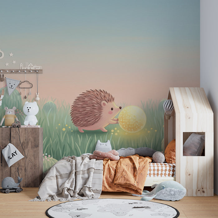 Nursery room wallpaper | Cute hedgehog with a glowing ball in a field of flowers