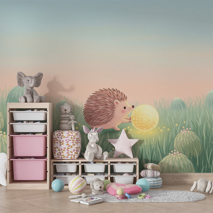 Nursery room wallpaper | Cute hedgehog with a glowing ball in a field of flowers