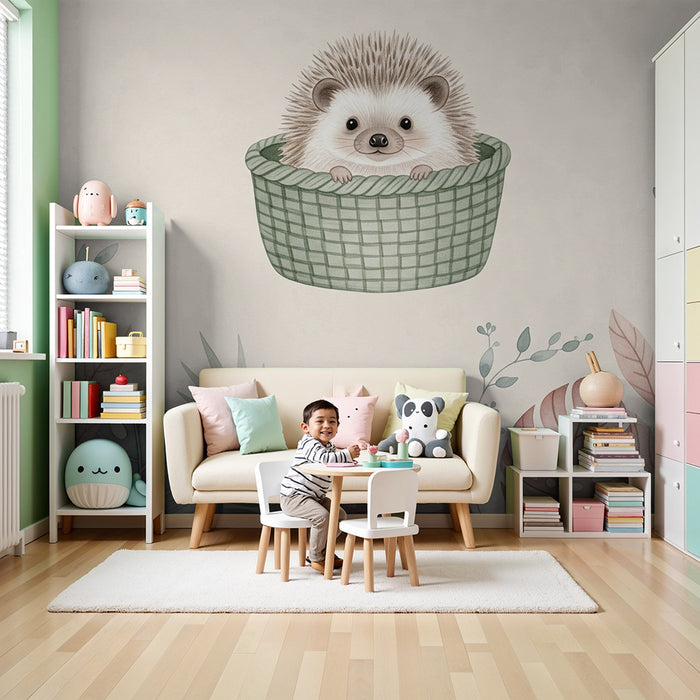 Papel de parede quarto bebê | Ouriço fofo na sua cesta