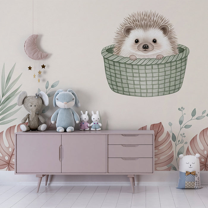 Papel de parede quarto bebê | Ouriço fofo na sua cesta
