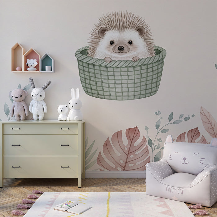 Papel de parede quarto bebê | Ouriço fofo na sua cesta