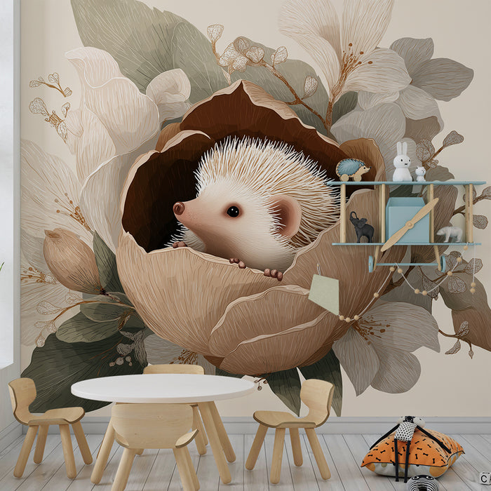 Papier de parede izba pre bábätko | Rozkošný ježko v kvete v odtieňoch béžovej