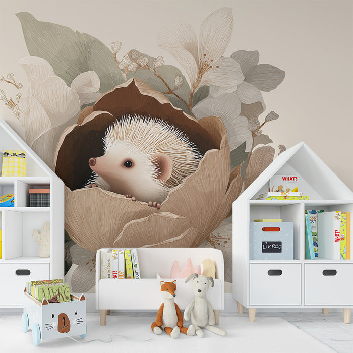 Papier de parede izba pre bábätko | Rozkošný ježko v kvete v odtieňoch béžovej