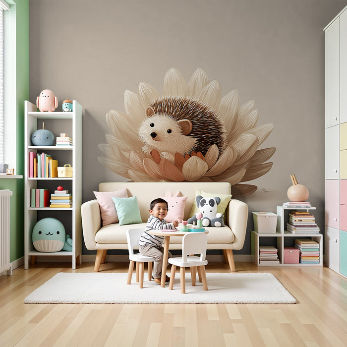 Nursery room wallpaper | Cute hedgehog in a delicate flower
