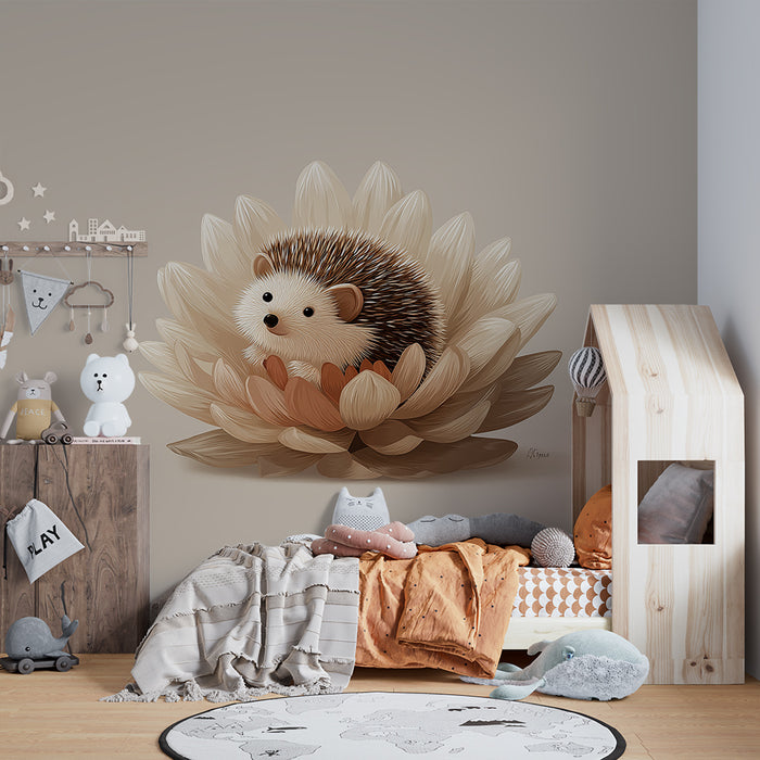 Nursery room wallpaper | Cute hedgehog in a delicate flower
