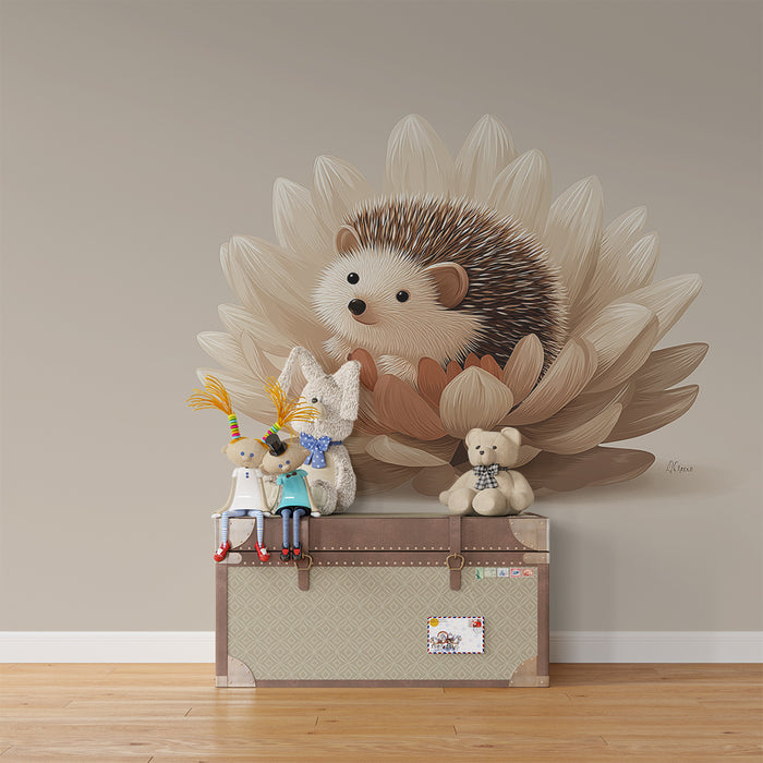 Nursery room wallpaper | Cute hedgehog in a delicate flower