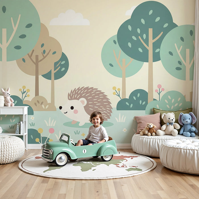 Babyzimmer Tapete | Niedlicher Igel in einem bunten Wald