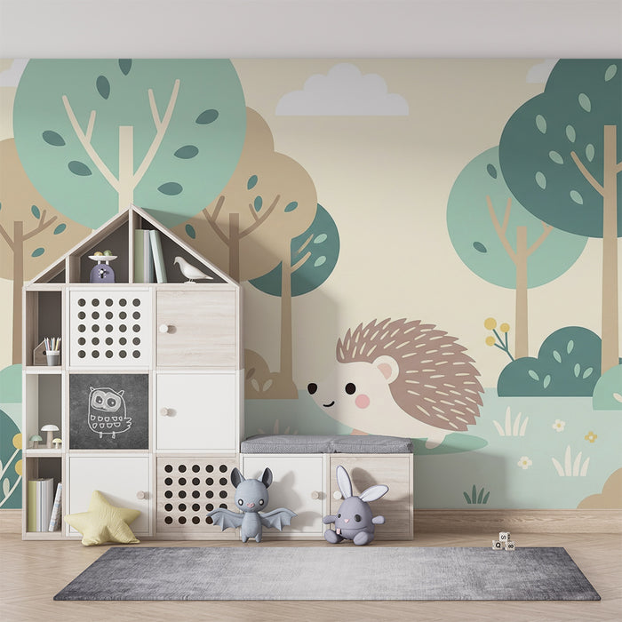 Babyzimmer Tapete | Niedlicher Igel in einem bunten Wald