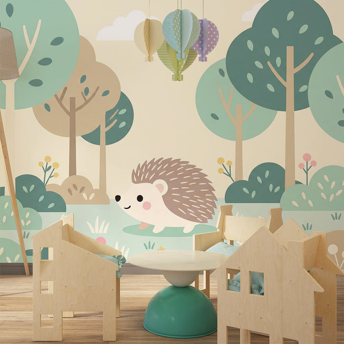 Babyzimmer Tapete | Niedlicher Igel in einem bunten Wald