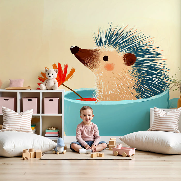 Børneværelse tapet | Sød pindsvin i en kop med en farverig blomst